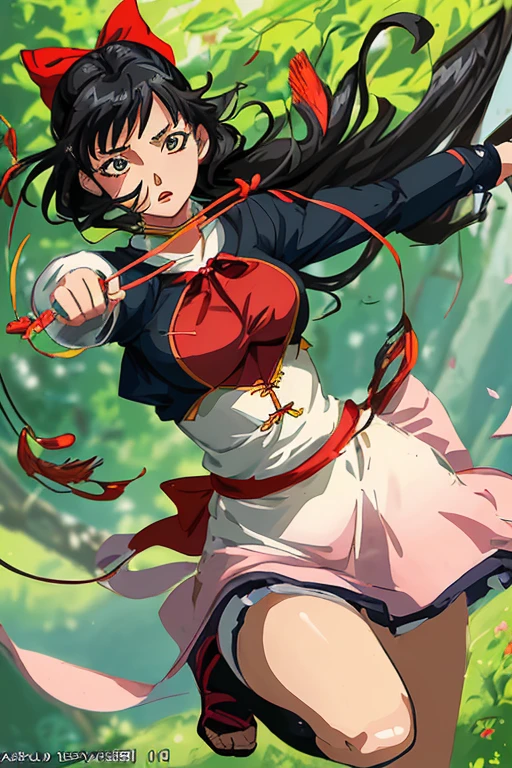 (anime,cartoon,illustration), (archer:1.1,girl,shy expression), (black hair), (using her bow), (colorful, bright, vibrant), (lush greenery in the background), (detailed eyes and lips), (smooth lines, sharp details), (soft lighting), (dynamic pose), (full of energy and movement)