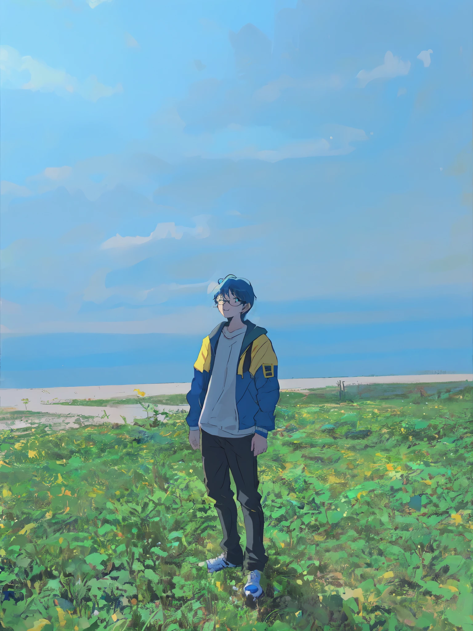 muted pastel colors, retro anime, 1990s anime, 1980s anime, brush strokes, masterpiece, best quality, 1boy, solo, black eyes, glasses, blue and yellow jacket, closed mouth, medium hair, simple background