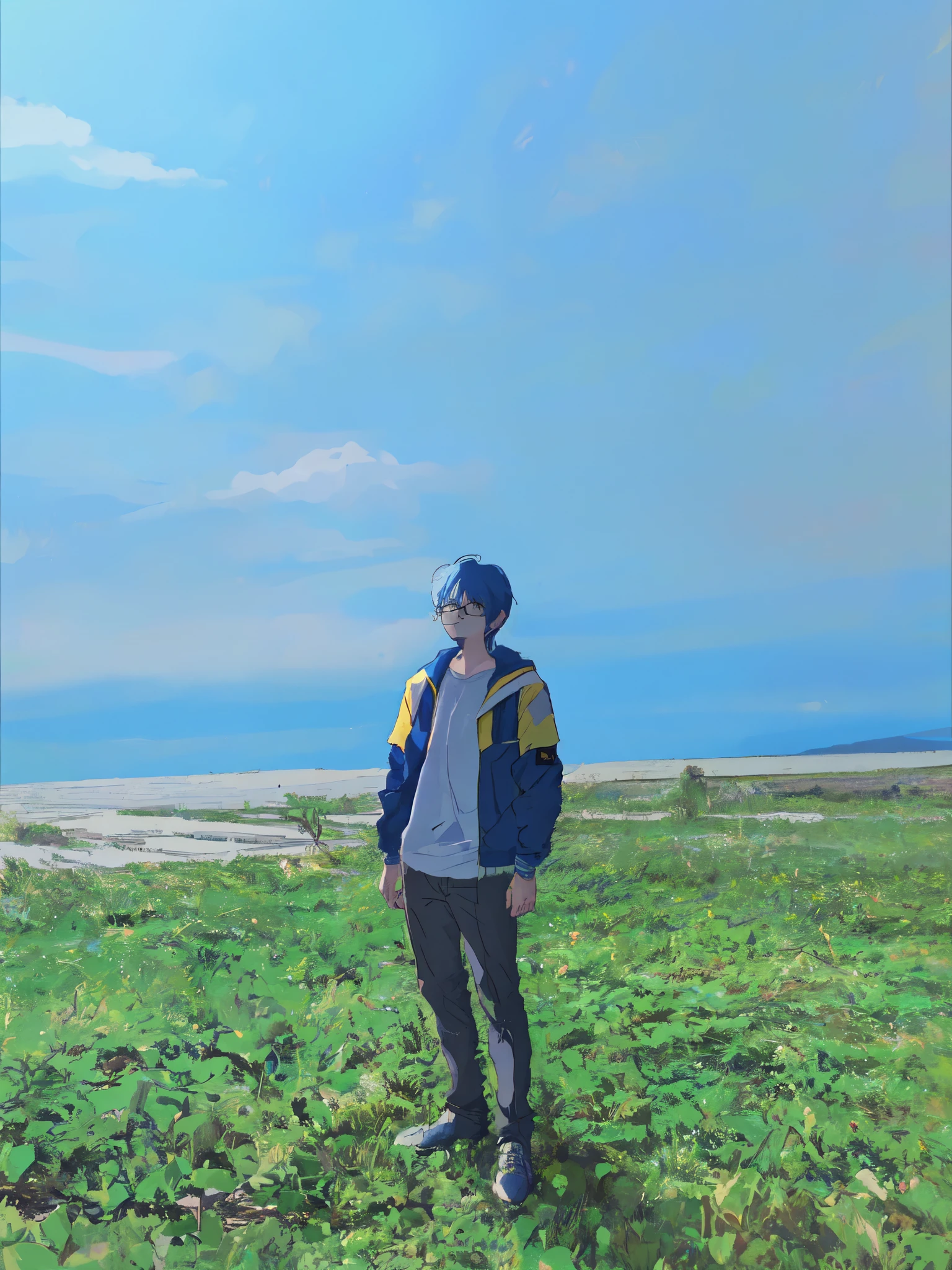 muted pastel colors, retro anime, 1990s anime, 1980s anime, brush strokes, masterpiece, best quality, 1boy, solo, black eyes, glasses, blue and yellow jacket, closed mouth, medium hair, simple background