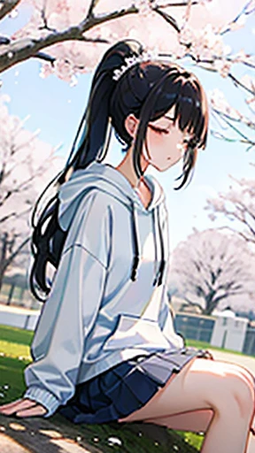 spring park、Cherry tree in full bloom、sit、girl、black hair、long hair、Forehead is coming out、ponytail、White Large Hoodie、Light blue long skirt、white sneakers、headphones、I close my eyes and listen to music、bust shot