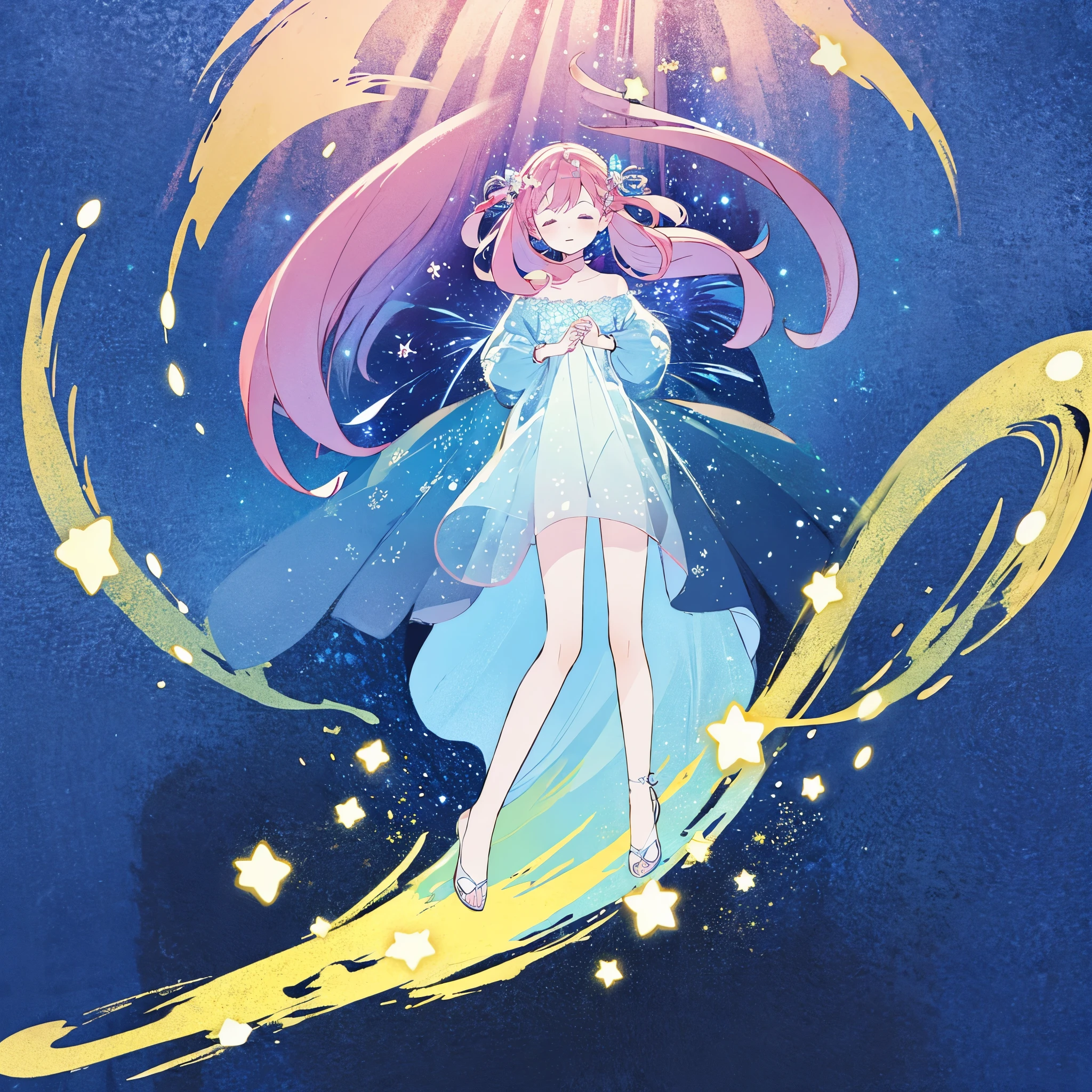 complex background, wishing star background, a woman wearing an ethereal mystical pink translucent dress that reflects the stars, perfume promo art, mystic, complex drawing, highly detailed, Covergirl brand, promo art, artistic rendition, ethereal, starry night, midjourney style