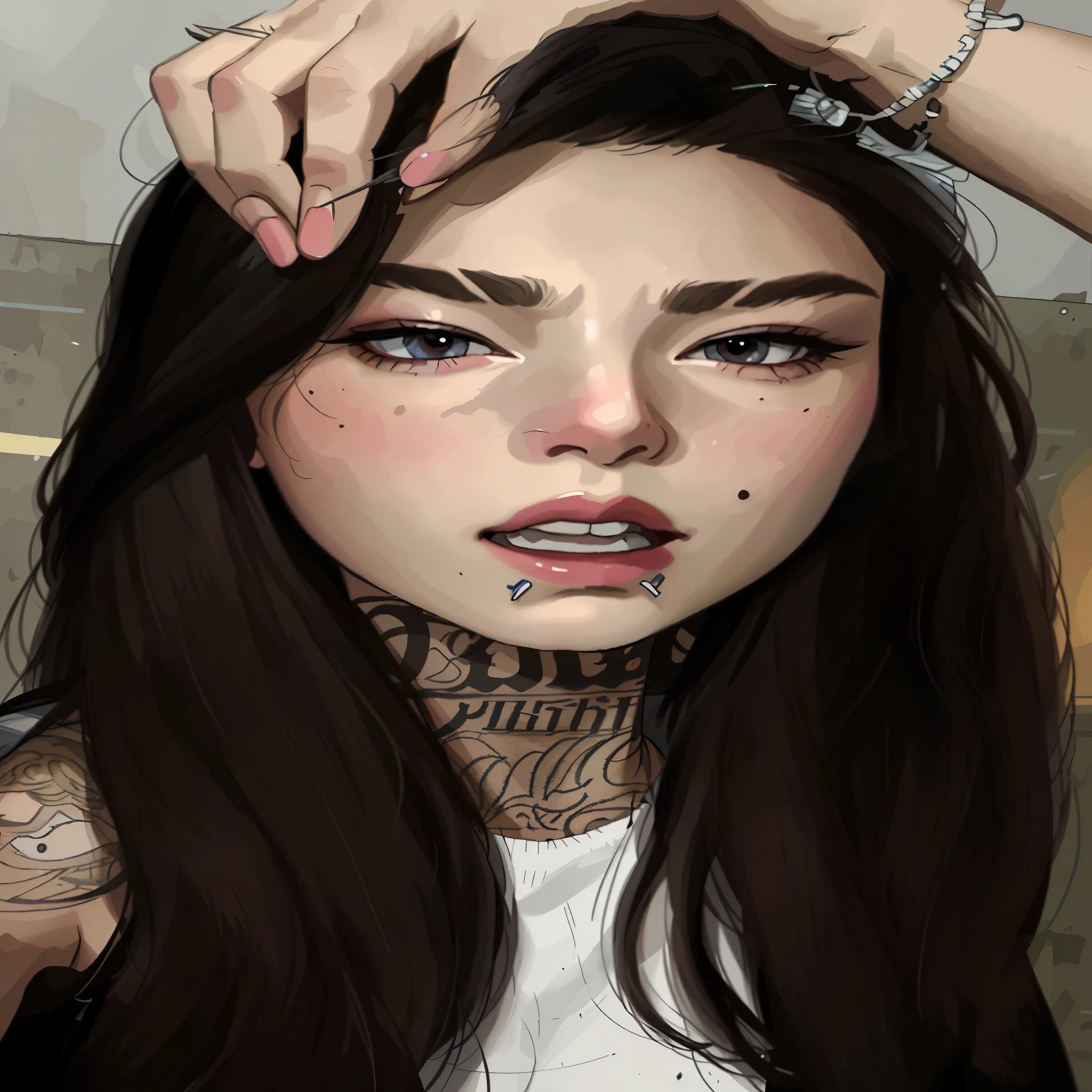 A closeup of a woman with a tattoo on her neck, retrato realista kawaii, inspirado em Kim Deuk-sin, [ arte digital 4k ]!!, pintura digital rossdraws, estilo de arte realista, obras de arte no estilo de guweiz, realism art style, inspirado em Gang Se-hwang, realistic digital illustration, Ross Draws 1. 0, Retrato de RossDraws