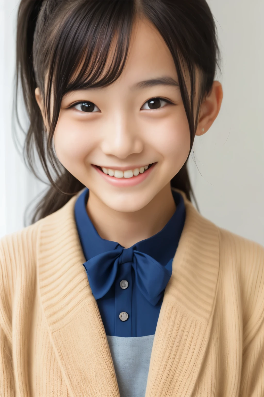 (highest quality, masterpiece), (beautiful  japanese girl), (freckles:0.6), ponytail, smile, Publicity photo