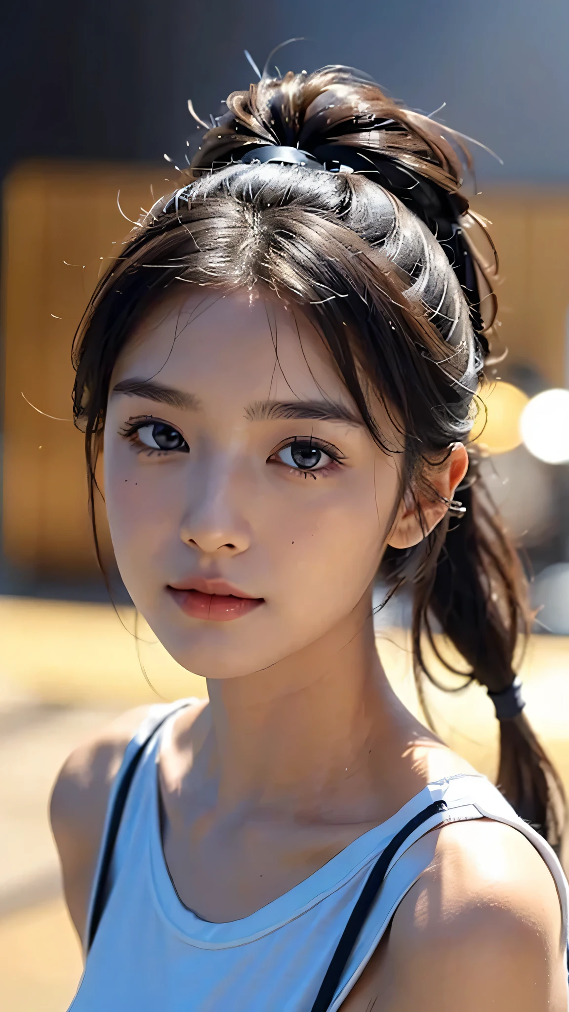 One woman,fully body photo,masutepiece, The highest image quality, High quality, the background is clear，Beautiful woman, Japanese, Detailed, Detailed eyes, Detailed skin, Beautiful skin, 超hight resolution, (reality: 1.4),Very beautiful woman, Slightly younger face, Beautiful skin, slender, (Ultra photo realsisim), (hight resolution), (8K), (Very detailed) (beautifully detailed eyes), (super detailed),   (Detailed face), view the viewer, Fine details, Detailed face, Staring straight ahead, Staring straight ahead, photos realistic, Bright lighting, Professional Lighting, Black hair,poneyTail,a baby face,sixteen years old,Hairstyle is ponytail,long ponytail hairstyle,slight smile,Orange colored long dress with lots of ruffles, softly shaped skirt,Spotlight on stage,close-up of face, 