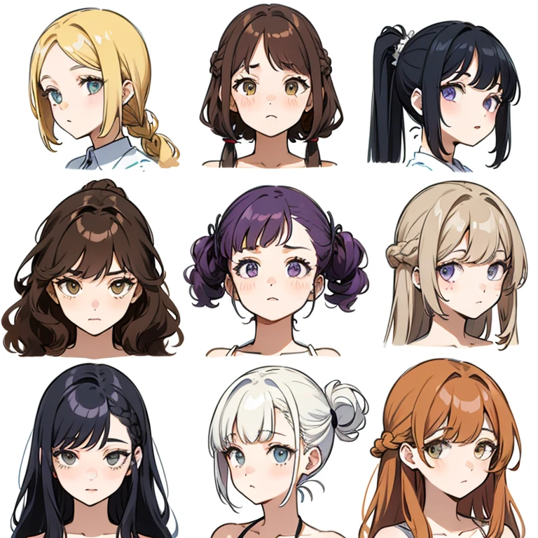 9 girls, white background, different characters, multiple views, (Close up heads, portrait, mugshot), bra, bare shoulders, bikini, different hair colors, different hair styles, multiple expressions,
twin-tail hair style,
pony-tail hair, wavy
long hair,
braid,
parted bangs,
high ponytail,
low ponytail,
big hair, cornrows,
hair bun,
hair rings,
half updo hairstyle,
diagonal bangs,
two side up hair,
flipped hair,
blunt bangs,
warm-toned hair colors,
cool-toned hair colors,
brown hair color,
red hair color,
yellow hair color,
white hair color,
purple hair color,
blue hair color,
