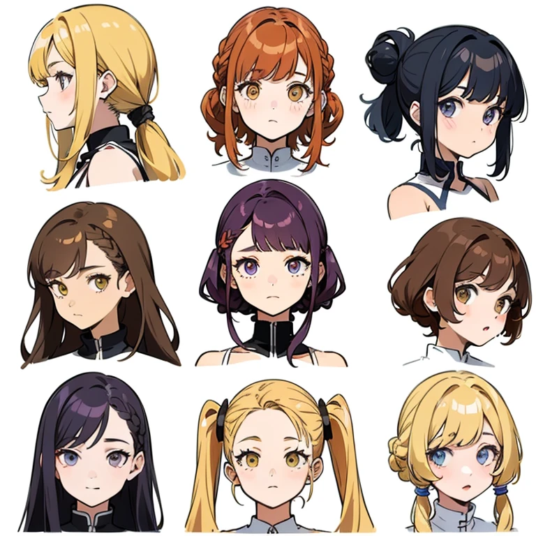 9 girls, white background, different characters, multiple views, (Close up heads, portrait, mugshot), bra, bare shoulders, bikini, different hair colors, different hair styles, multiple expressions,
twin-tail hair style,
pony-tail hair, wavy
long hair,
braid,
parted bangs,
high ponytail,
low ponytail,
big hair, cornrows,
hair bun,
hair rings,
half updo hairstyle,
diagonal bangs,
two side up hair,
flipped hair,
blunt bangs,
warm-toned hair colors,
cool-toned hair colors,
brown hair color,
red hair color,
yellow hair color,
white hair color,
purple hair color,
blue hair color,