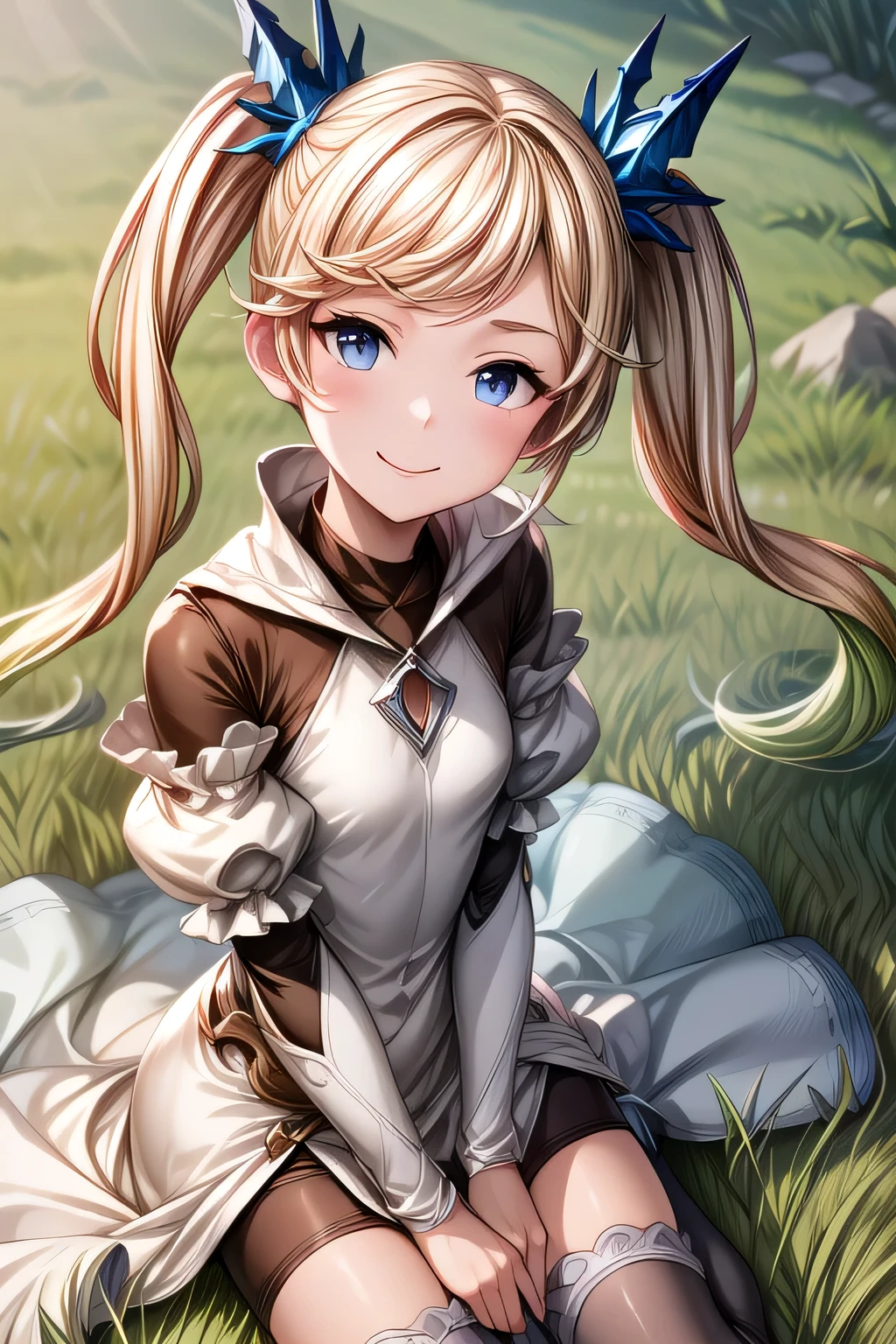 ioeuclase, hair ornament, white dress, black thighhighs, detached sleeves, sitting wariza,grass,sky,smile,
