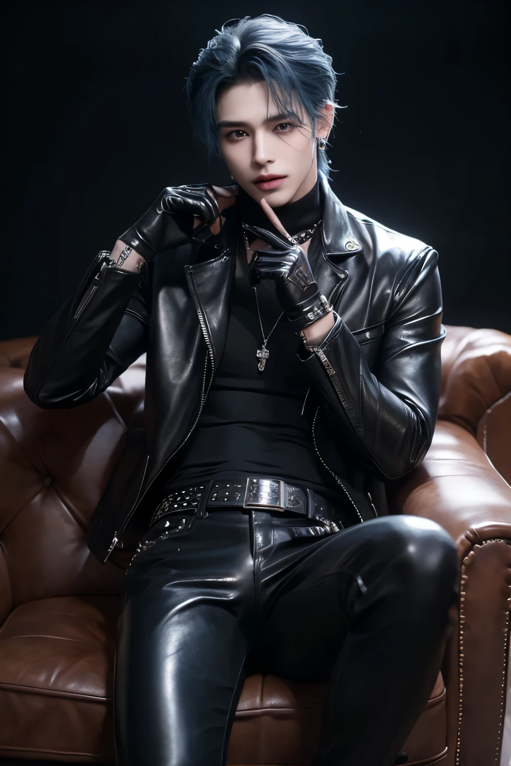 ((highest quality, 8K, masterpiece: 1.3)), Handsome boy from a visual kei band:1.5, 20-year-old、Delinquent boy、 well-groomed face, blue hair color、thin face、(white skin:1.5)、silver eyes、boy with makeup、laugh fearlessly、host、Super handsome、Extra-fine face, handsome nose, small eyes and face, beautiful lighting, High resolution, detailed mouth, smile, whole body: 1.5, perfect body shape、slim,Midial Hair、pointed hair set、black jacket、Chrome hearts、leather pants、leather belt、Silver earrings、leather gloves、lip piercing、