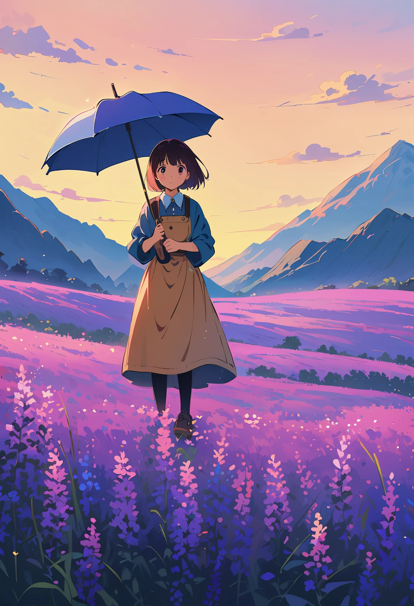 A girl holding an umbrella stands in the middle of purple lavender fields, in the style of Ghibli, in the anime style, full body shot, wide angle, in the style of Miyazaki Hayao, soft light, simple background, distant mountains, detailed, high resolution.