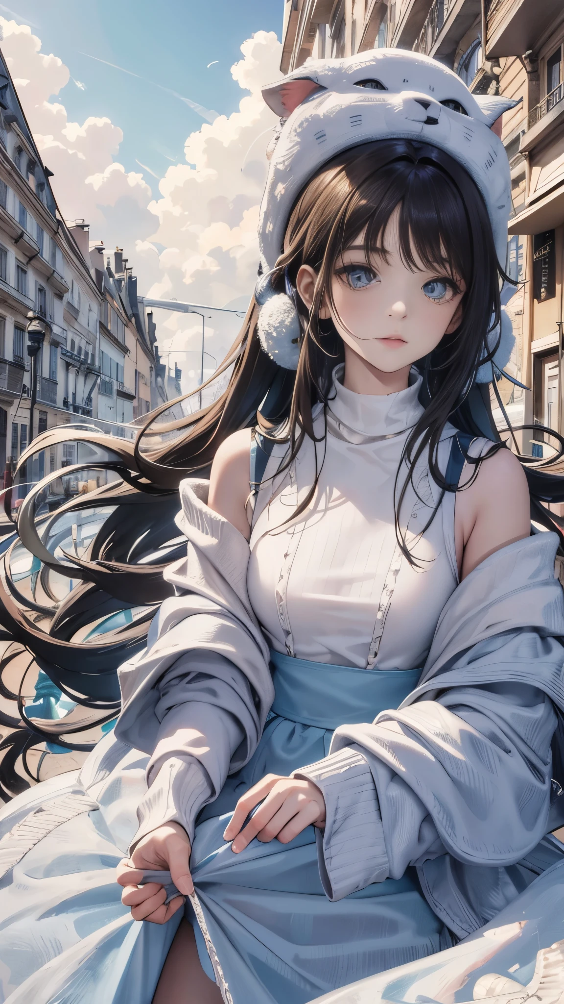 Eleanor Vere Boyle and Andreas Untersberger, Hantu Ulat Sutera adaptive and winter atmosphere, scattered, exquisite details, Paris City, Cloud, 1 girl, (central composition, symmetry: 0.1)