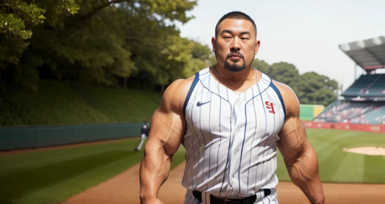 (cap:1.4), (baseball uniform:1.4), (at baseball ground:1.4), Japanese man, Chinese man, Korean man, Taiwanese man, manly face, fat face, (round face:1.4), (monolid eyes:1.2), (buzz cut:1.4), very large and strong body, bulky body, beefy muscles, (bulging muscles:1.4), (very large pectoral muscles:1.4), (muscular arms:1.4), muscular abs, muscular legs, muscular back, brightens oily skin, master piece, (realistic:1.4), panorama, distant view