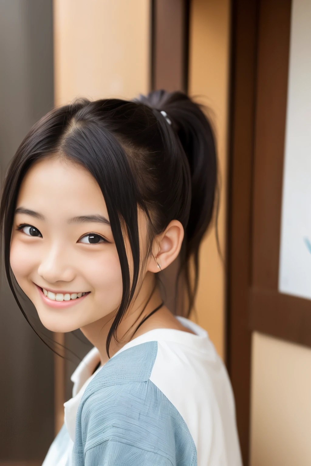 (highest quality, masterpiece), (beautiful japanese girl), (freckles:0.6), ponytail, smile, Publicity photo