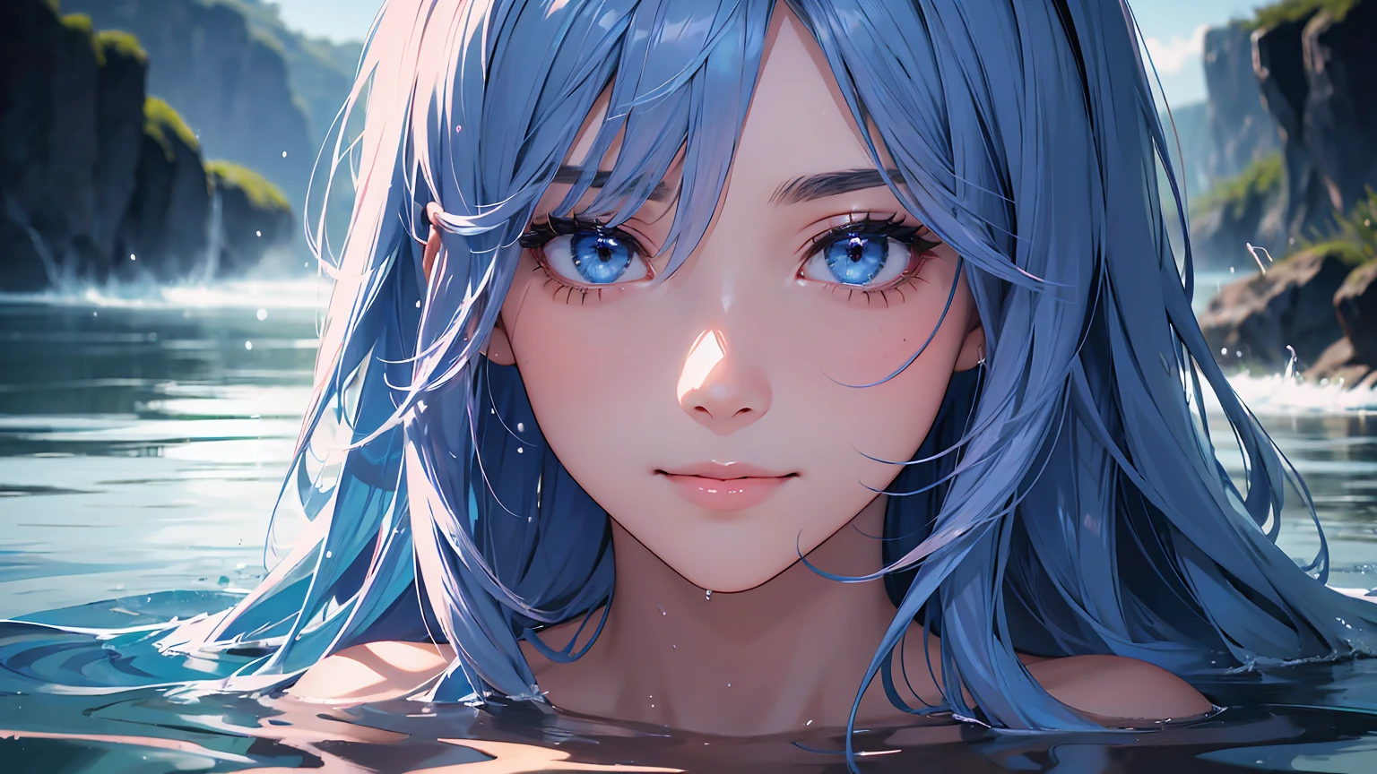 (Ultra-detailed,Best Quality,Masterpiece:1.2),1 girl,beautiful detail eyes,beautiful detailed lips,extremely detailed face,long eyelashes,Blue hair,dark blue eyes,Yellow eyes,blue swimsuit,独奏,Pool background,By the pool,portrai,studio lightning,Vivid colors