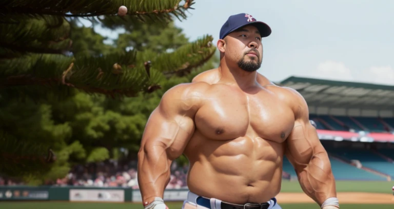 (cap:1.2), (baseball uniform:1.2), (at baseball ground:1.4), Japanese man, Chinese man, Korean man, Taiwanese man, manly face, fat face, (round face:1.4), (monolid eyes:1.2), (buzz cut:1.4), very large and strong body, bulky body, beefy muscles, (bulging muscles:1.4), (very large pectoral muscles:1.4), (muscular arms:1.4), muscular abs, muscular legs, muscular back, brightens oily skin, master piece, (realistic:1.4), panorama, distant view