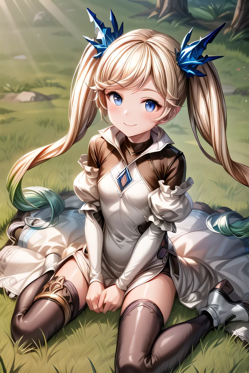 ioeuclase, hair ornament, white dress, black thighhighs, detached sleeves, sitting wariza,grass,sky,smile,
