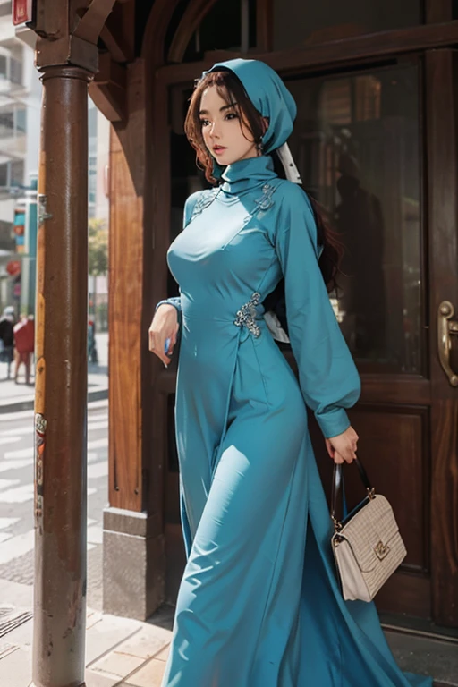 beautiful woman, slim body, wearing hijab, whole body covered by long dress
