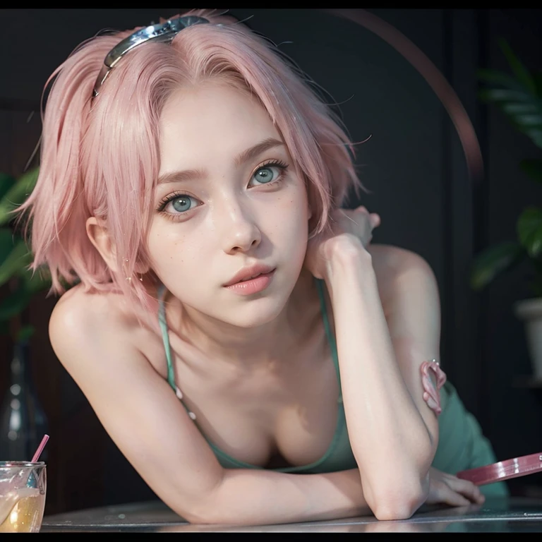young woman, short shoulder-length pink hair, wide forehead, porcelain skin, pink eyebrows, big emerald green eyes, buttoned nose, full lips, heart-shaped face, slender body, small breasts, red tank top, Sakura Haruno , realistic, realism, details, 3d, well detailed
