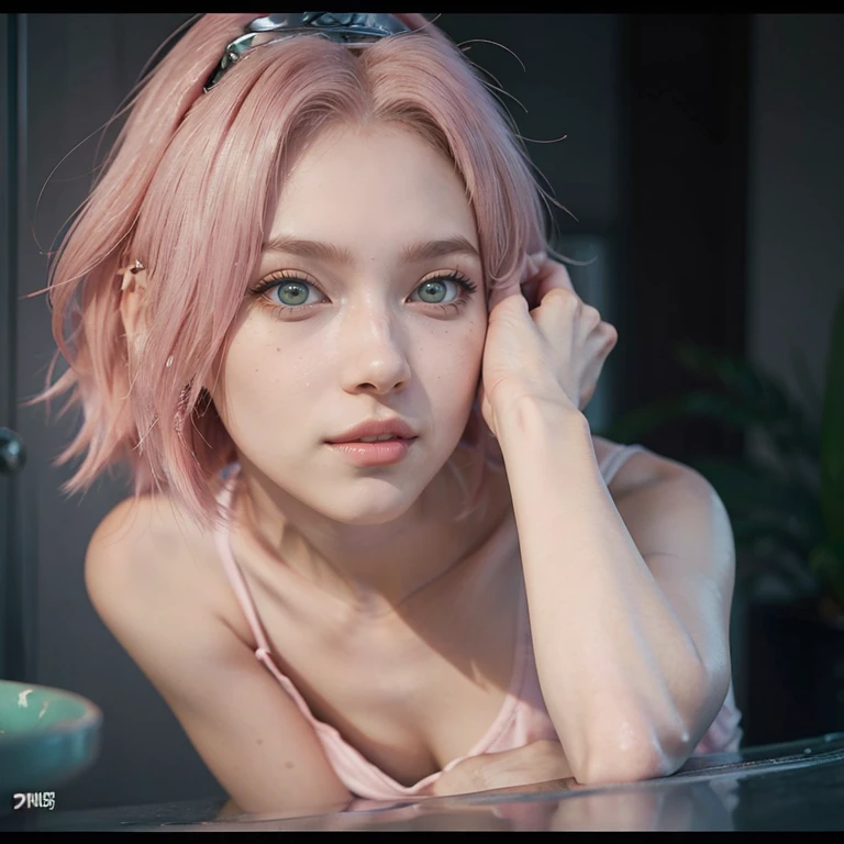 young woman, short shoulder-length pink hair, wide forehead, porcelain skin, pink eyebrows, big emerald green eyes, buttoned nose, full lips, heart-shaped face, slender body, small breasts, red tank top, Sakura Haruno , realistic, realism, details, 3d, well detailed
