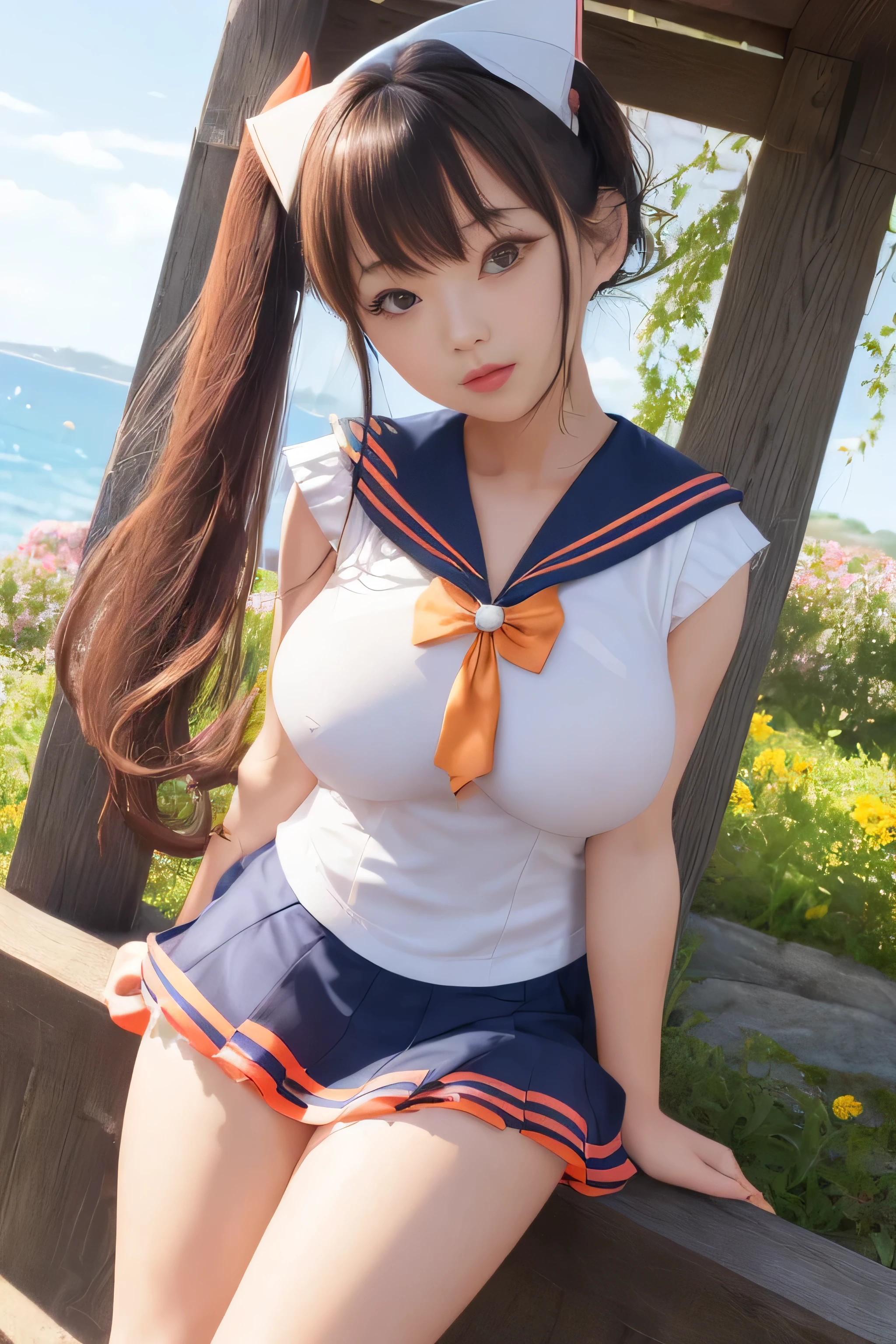 ((Clock top sailor suit))、sailor suitの下には真っ白なレオタード、Leotards adhere to the body、Show your body line 、big breasts、Big breasts that are common in anime、anime big breasts、((((Unusually large breasts))))、(((underboob)))、underboob、(tight)、looking at me、(sailor suit、Ridiculously short skirt:1.5)、very short skirt、breast bag、light pink panties、Orange checkered pattern on the panties、long hair、voluminous twin tails、lace ribbon、Panty flaunting、Composition looking up from below、beautiful hands、anatomically correct limbs、beautiful hands、perfect hands、beautiful eyes、white tights、fascinating thighs、Put your hands behind your head or behind your back so they are not visible、A loose open skirt、whole body、detailed tightasterpiece)、(highest quality:1.2)、absurd、intricate details、(highly detailed skin:1.2)、whole body、blue sky、Spring flower、flower garden