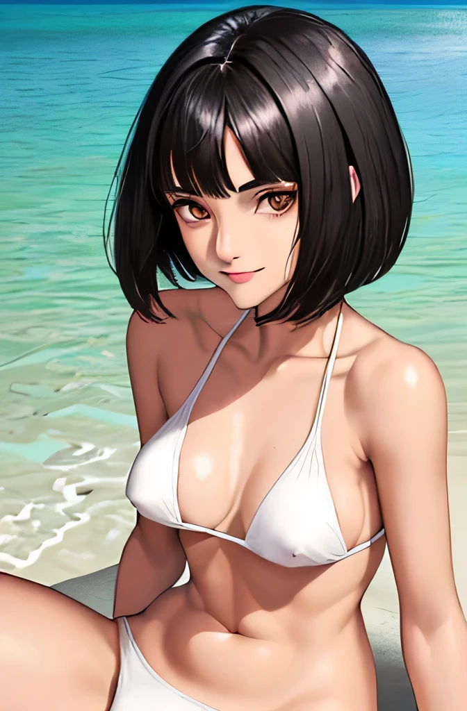 beautiful face,((cool beauty)),1 female,black hair,brown eyes,medium hair,summer sea,medium chest,white bikini,20th generation,no pubic hair,Height: 168cm,sharp outline,slim body,shy smile,whole body,cameltoe,erect nipples,sitting,