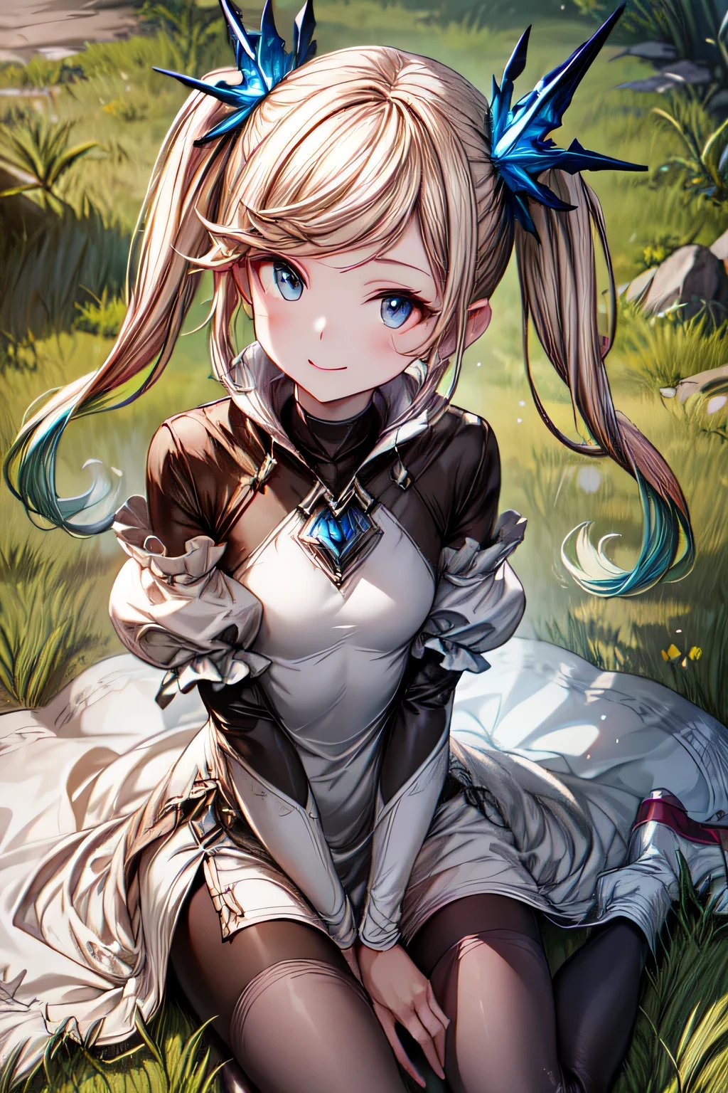 ioeuclase, hair ornament, white dress, black thighhighs, detached sleeves, sitting wariza,grass,sky,smile,