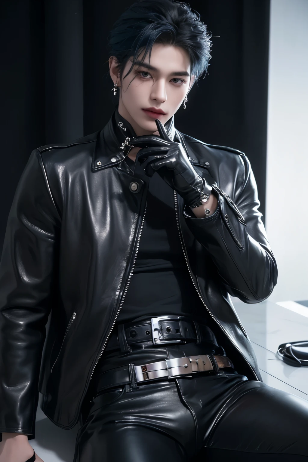 ((highest quality, 8K, masterpiece: 1.3)), Handsome boy from a visual kei band:1.5, 20-year-old、Delinquent boy、 well-groomed face, blue hair color、thin face、(white skin:1.5)、silver eyes、boy with makeup、mischievous face、host、Super handsome、Extra-fine face, handsome nose, small eyes and face, beautiful lighting, High resolution, detailed mouth, smile, whole body: 1.5, perfect body shape、slim,Midial Hair、pointed hair set、black jacket、Chrome hearts、leather pants、leather belt、Silver earrings、leather gloves、lip piercing、