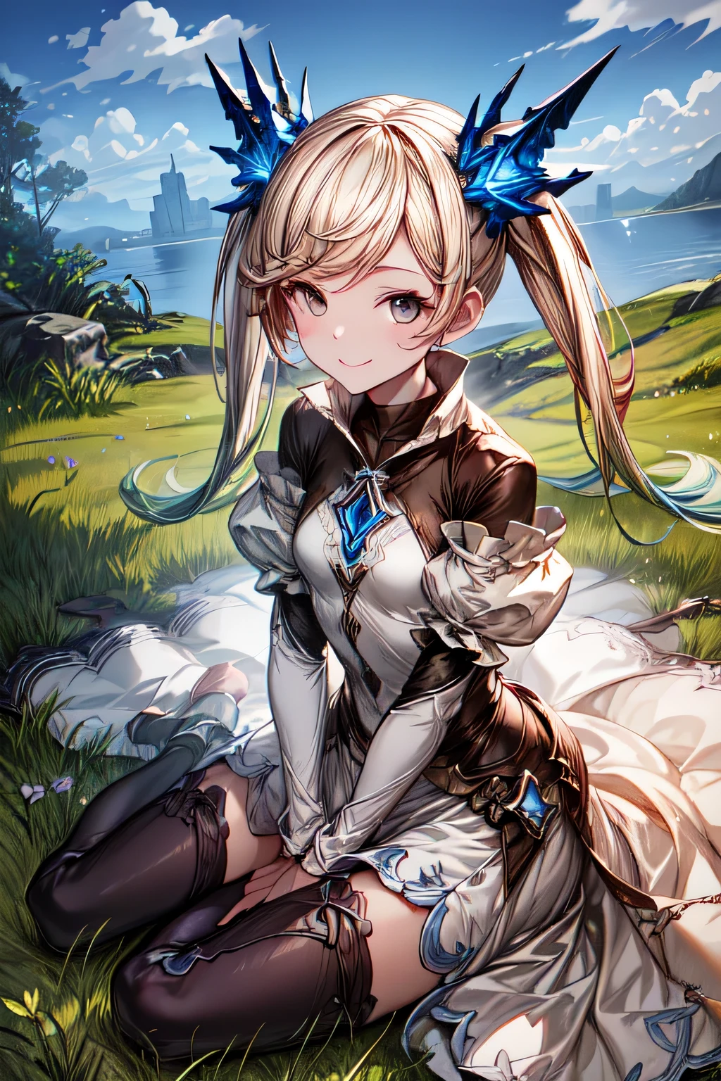 ioeuclase, hair ornament, white dress, black thighhighs, detached sleeves, sitting wariza,grass,sky,smile,
