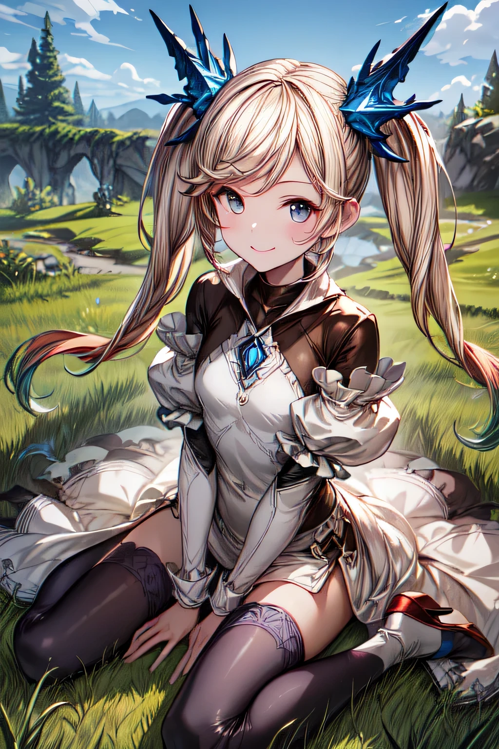 ioeuclase, hair ornament, white dress, black thighhighs, detached sleeves, sitting wariza,grass,sky,smile,
