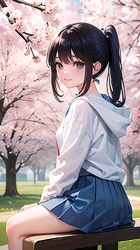 spring park、Cherry tree in full bloom、sit、girl、black hair、long hair、Forehead is coming out、ponytail、White Large Hoodie、Light blue long skirt、white sneakers、smile、zoom