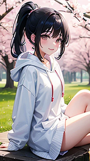spring park、Cherry tree in full bloom、sit、girl、black hair、long hair、Forehead is coming out、ponytail、White Large Hoodie、Light blue long skirt、white sneakers、smile、zoom