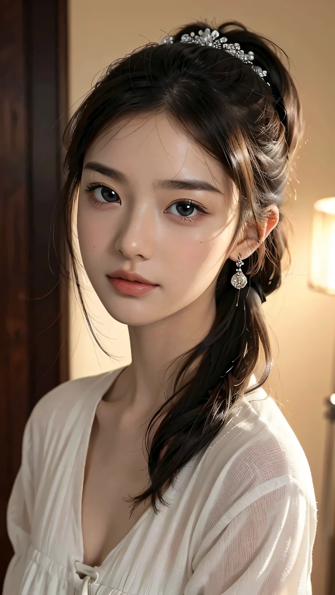 One woman,fully body photo,masutepiece, The highest image quality, High quality, the background is clear,Beautiful woman, Japanese, Detailed, Detailed eyes, Detailed skin, Beautiful skin, 超hight resolution, (reality: 1.4),Very beautiful woman, Slightly younger face, Beautiful skin, slender, (Ultra photo realsisim), (hight resolution), (8K), (Very detailed) (beautifully detailed eyes), (super detailed), (Detailed face), view the viewer, Fine details, Detailed face, Staring straight ahead, Staring straight ahead, photos realistic, Bright lighting, Professional Lighting, Black hair,poneyTail,a ,sixteen ye is ponytail,long ponytail hairstyle,slight smile,Orange colored long dress with lots of ruffles, softly shaped skirt,Spotlight on stage,close-up of face,