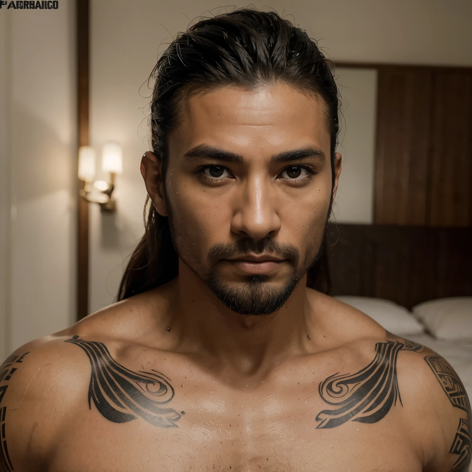 (In 8K, Raw-Photo, best quality, ​masterpiece:1.2), 1 homem, 30 anos, athletic body, Japanese descent, cabelos negros, curtos e despenteados, (barba por fazer), pele levemente bronzeada, serious expression, olhos expressivos, sobrancelhas finas, thin lips, nariz fino, ombros largos, muscular, discreet tattoos on arms, (peitoral definido), ((The highest quality, 16k, masterpiece:1.3)), Biologically Correct Human, reference, rosto detalhado, Detailed lips,