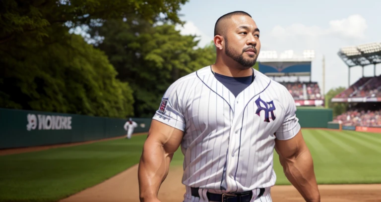(cap:1.4), (baseball uniform:1.4), (at baseball ground:1.4), Japanese man, Chinese man, Korean man, Taiwanese man, manly face, fat face, (round face:1.4), (monolid eyes:1.2), (buzz cut:1.4), very large and strong body, bulky body, beefy muscles, (bulging muscles:1.4), (very large pectoral muscles:1.4), (muscular arms:1.4), muscular abs, muscular legs, muscular back, brightens oily skin, master piece, (realistic:1.4), panorama, distant view
