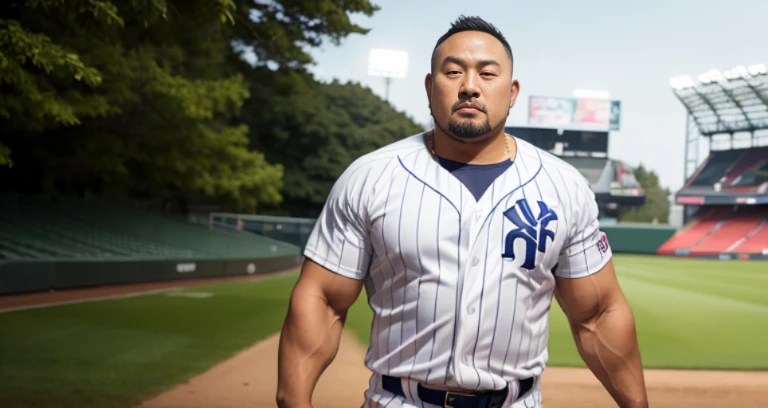 (cap:1.4), (baseball uniform:1.4), (at baseball ground:1.4), Japanese man, Chinese man, Korean man, Taiwanese man, manly face, fat face, (round face:1.4), (monolid eyes:1.2), (buzz cut:1.4), very large and strong body, bulky body, beefy muscles, (bulging muscles:1.4), (very large pectoral muscles:1.4), (muscular arms:1.4), muscular abs, muscular legs, muscular back, brightens oily skin, master piece, (realistic:1.4), panorama, distant view