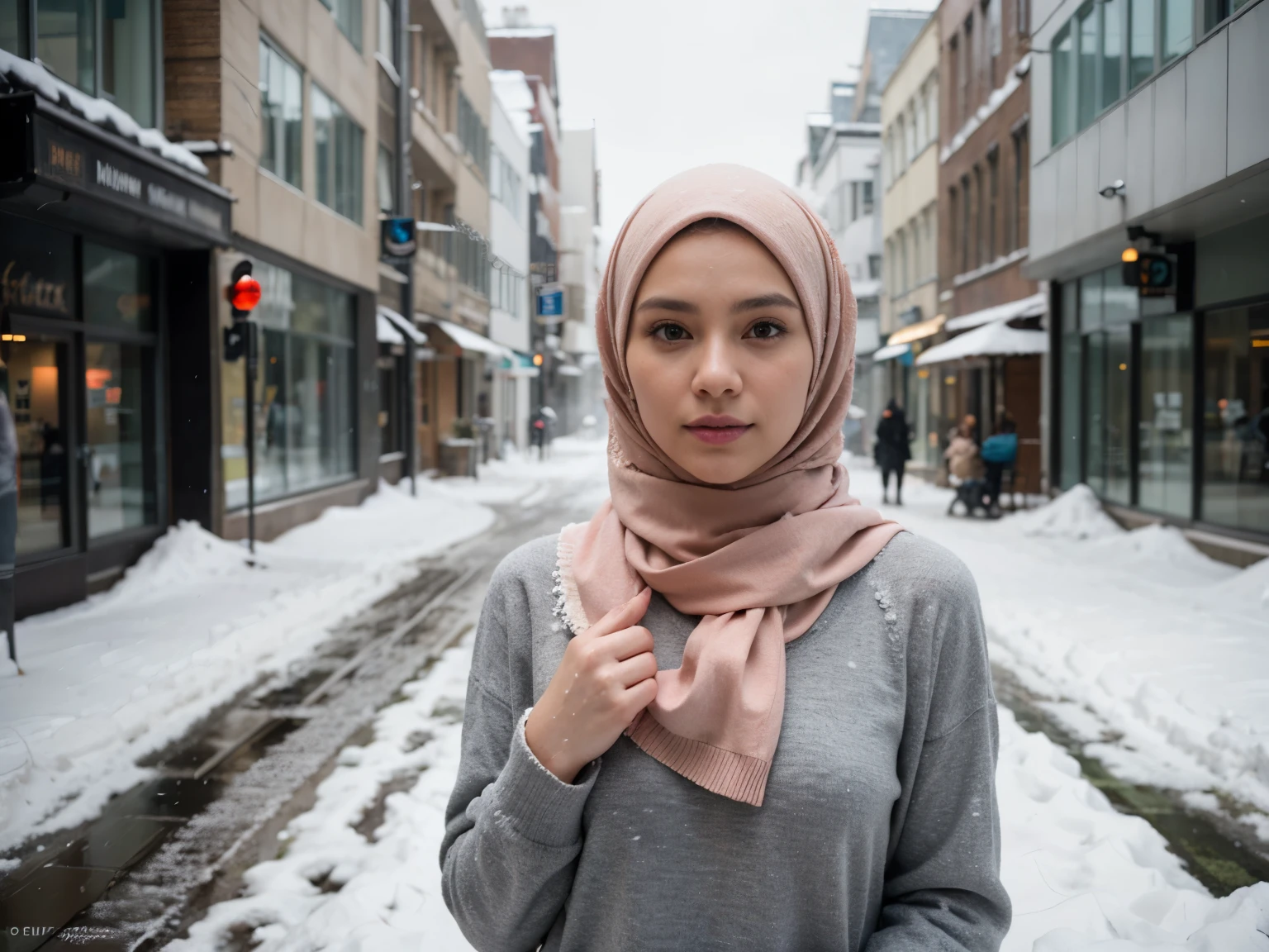 professional portrait photograph of a gorgeous Indonesian girl in red winter clothing with hijab, sultry flirty look, gorgeous symmetrical face, cute natural makeup, wearing elegant warm winter fashion clothing, ((standing outside in snowy city street)), stunning modern urban environment, ultra realistic, concept art, elegant, highly detailed, intricate, sharp focus, depth of field, f/1. 8, 85mm, medium shot, mid shot, (((professionally color graded))), bright soft diffused light, (volumetric fog), trending on instagram, hdr 4k, 8k