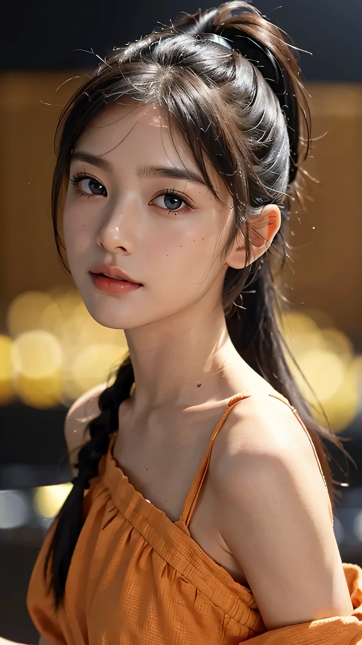 One woman,fully body photo,masutepiece, The highest image quality, High quality, the background is clear,Beautiful woman, Japanese, Detailed, Detailed eyes, Detailed skin, Beautiful skin, 超hight resolution, (reality: 1.4),Very beautiful woman, Slightly younger face, Beautiful skin, slender, (Ultra photo realsisim), (hight resolution), (8K), (Very detailed) (beautifully detailed eyes), (super detailed), (Detailed face), view the viewer, Fine details, Detailed face, Staring straight ahead, Staring straight ahead, photos realistic, Bright lighting, Professional Lighting, Black hair,poneyTail,a ,sixteen ye is ponytail,long ponytail hairstyle,slight smile,Orange colored long dress with lots of ruffles, softly shaped skirt,Spotlight on stage,close-up of face,