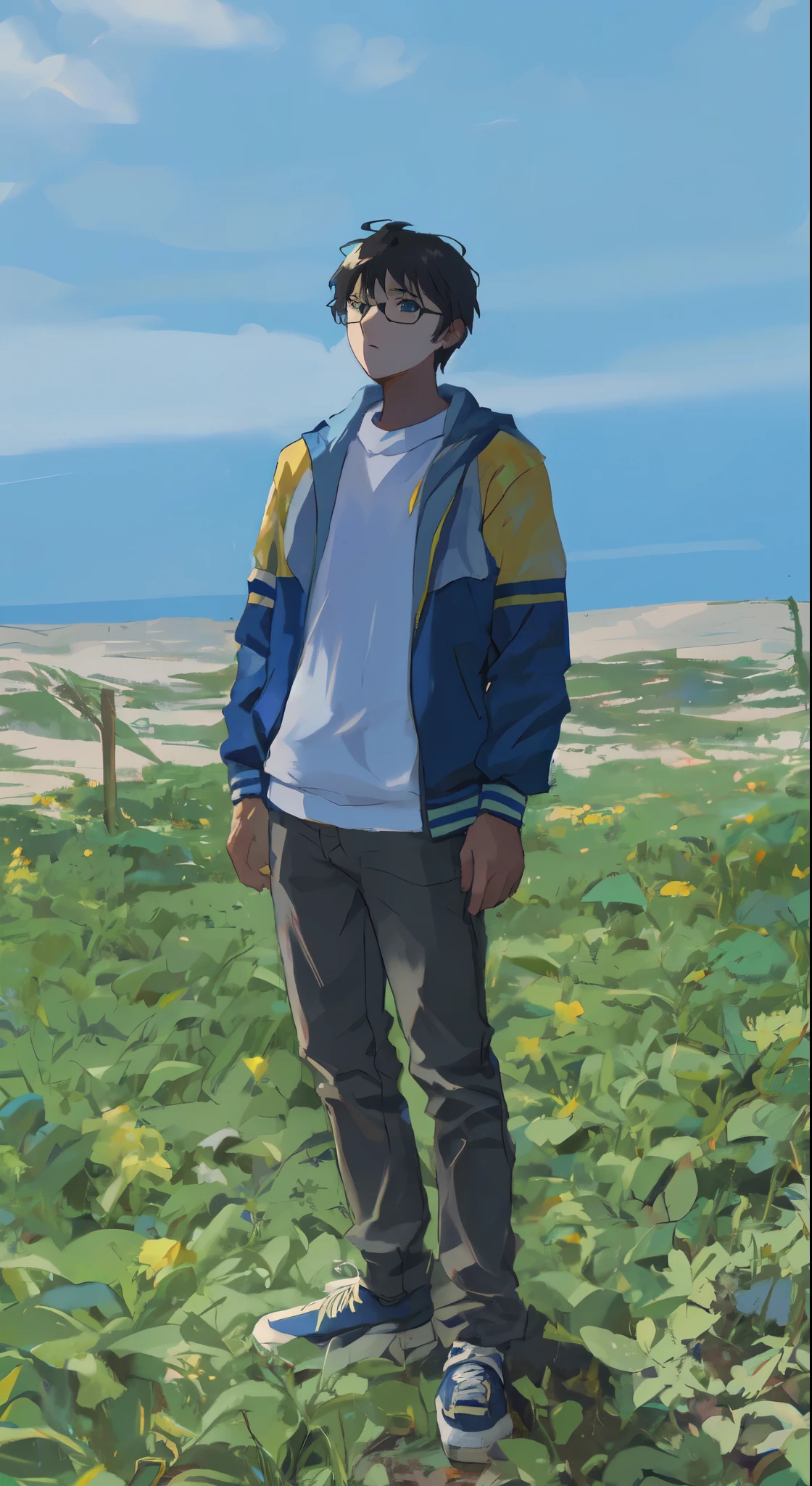 muted pastel colors, retro anime, 1990s anime, 1980s anime, brush strokes, masterpiece, best quality, 1boy, solo, black eyes, glasses, blue and yellow jacket, closed mouth, medium hair, simple background