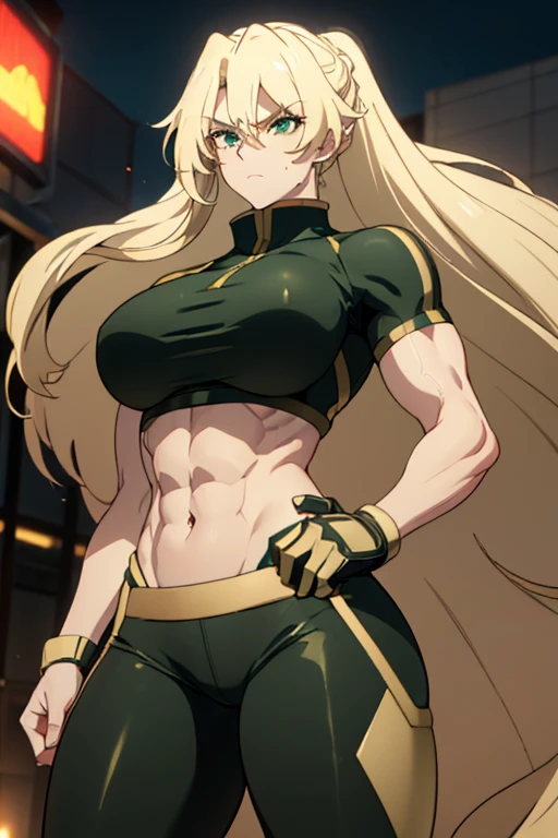 ((1 girl)), extremely long hair, solo, ((muscular)), veins, blonde hair, green eyes, blushing, thick thighs, pale skin, strong, veins, abs, big thighs, huge breasts, navel, standing, angry, tight pants, tight shirt