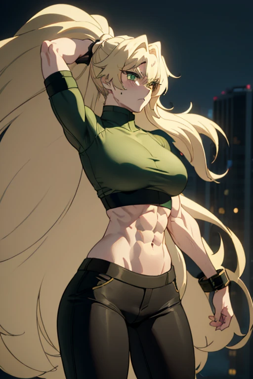 ((1 girl)), extremely long hair, solo, ((muscular)), veins, blonde hair, green eyes, blushing, thick thighs, pale skin, strong, veins, abs, big thighs, huge breasts, navel, standing, angry, tight pants, tight shirt