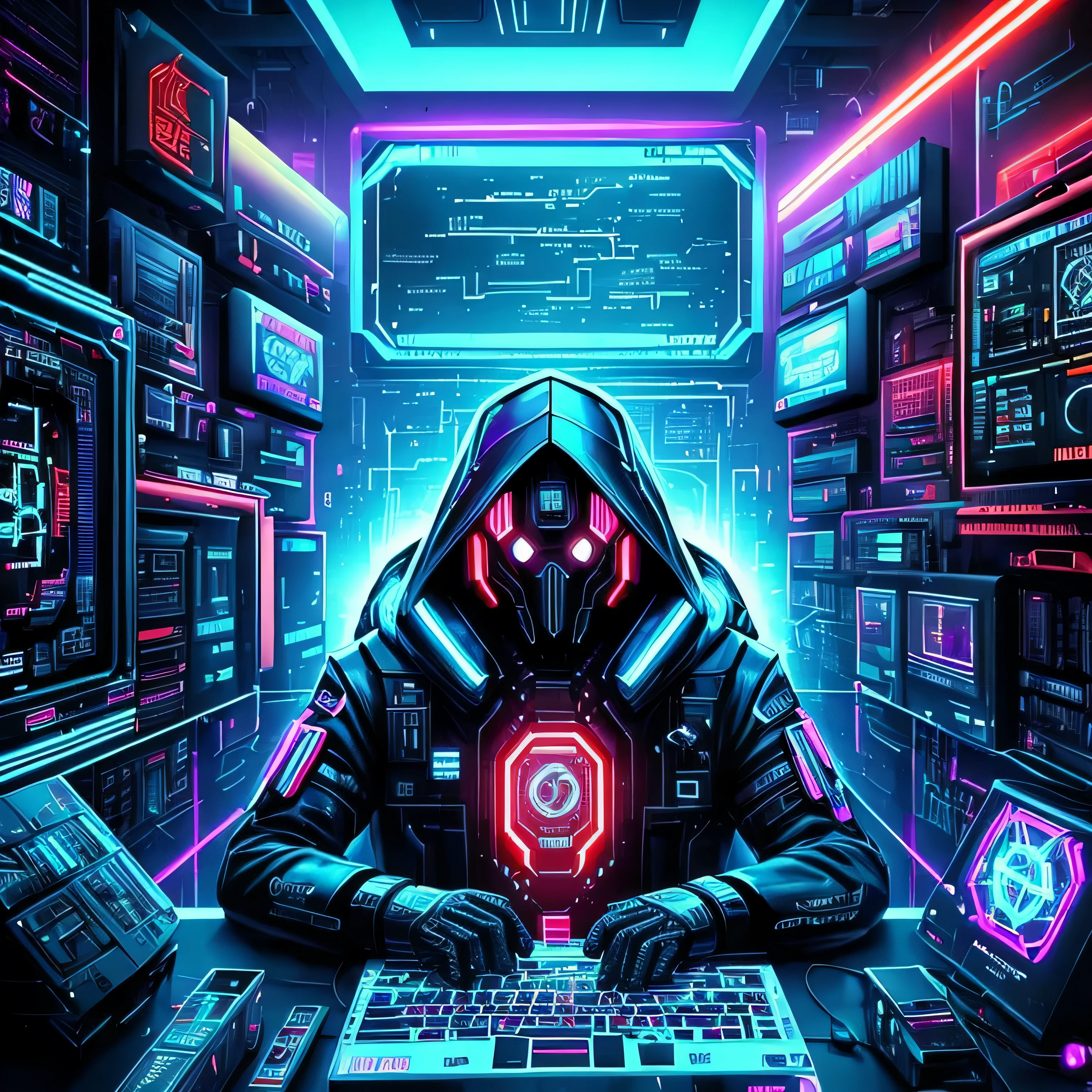 hacker, grim games, logo, alchemy, symbols, linux, electronics, programming, digital art:1.2, cybernetic characters, futuristic cityscape, neon lights, glitch effects, code scrolling on multiple screens, binary code flowing, circuitry patterns, cutting-edge technology, virtual,malware,trojan,assembly