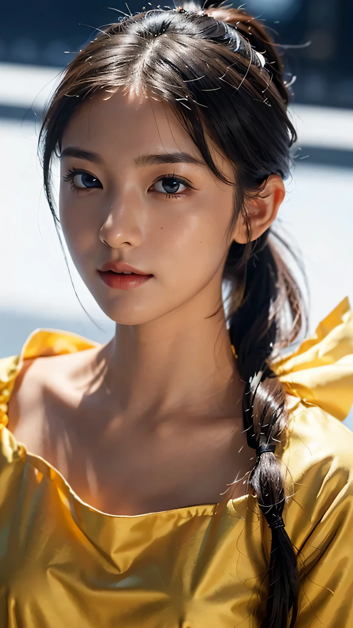 One woman,fully body photo,masutepiece, The highest image quality, High quality, the background is clear，Beautiful woman, Japanese, Detailed, Detailed eyes, Detailed skin, Beautiful skin, 超hight resolution, (reality: 1.4),Very beautiful woman, Slightly younger face, Beautiful skin, slender, (Ultra photo realsisim), (hight resolution), (8K), (Very detailed) (beautifully detailed eyes), (super detailed),   (Detailed face), view the viewer, Fine details, Detailed face, Staring straight ahead, Staring straight ahead, photos realistic, Bright lighting, Professional Lighting, Black hair,poneyTail,a baby face,sixteen years old,Hairstyle is ponytail,long ponytail hairstyle,slight smile,Orange colored long dress with lots of ruffles, softly shaped skirt,Spotlight on stage,close-up of face, 