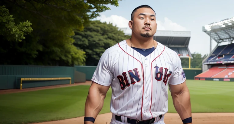 (cap:1.4), (baseball uniform:1.4), (at baseball ground:1.4), Japanese man, Chinese man, Korean man, Taiwanese man, manly face, fat face, (round face:1.4), (monolid eyes:1.2), (buzz cut:1.4), very large and strong body, bulky body, beefy muscles, (bulging muscles:1.4), (very large pectoral muscles:1.4), (muscular arms:1.4), muscular abs, muscular legs, muscular back, brightens oily skin, master piece, (realistic:1.4), panorama, distant view