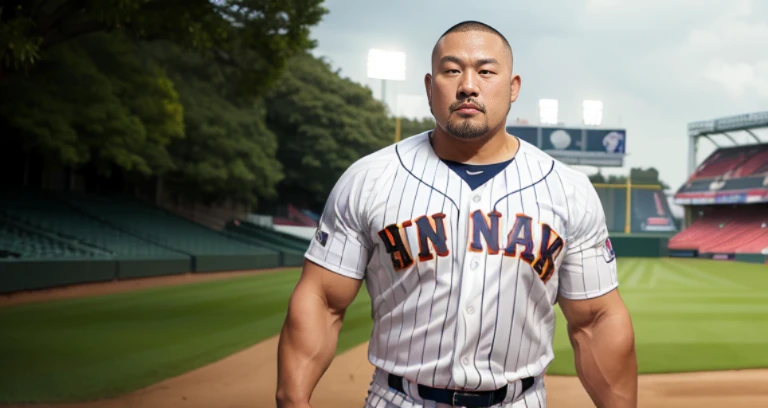 (cap:1.4), (baseball uniform:1.4), (at baseball ground:1.4), Japanese man, Chinese man, Korean man, Taiwanese man, manly face, fat face, (round face:1.4), (monolid eyes:1.2), (buzz cut:1.4), very large and strong body, bulky body, beefy muscles, (bulging muscles:1.4), (very large pectoral muscles:1.4), (muscular arms:1.4), muscular abs, muscular legs, muscular back, brightens oily skin, master piece, (realistic:1.4), panorama, distant view