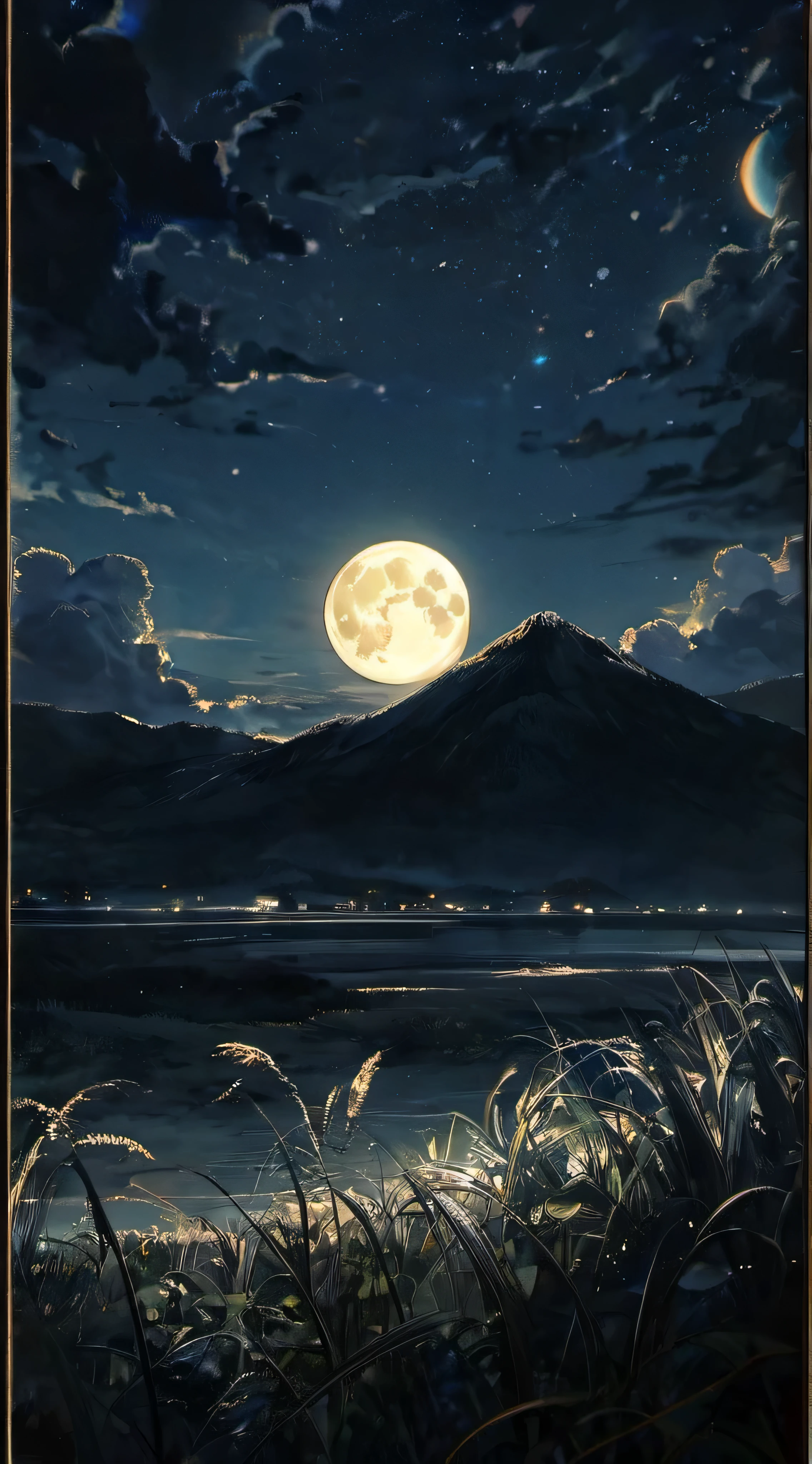 ((obra de arte)), ((Melhor qualidade)), 8k, Altamente detalhado, ultra-detalhado, Numa noite serena, the moon hangs in the cloudless darkness, casting its soft light over a tranquil and enigmatic landscape.