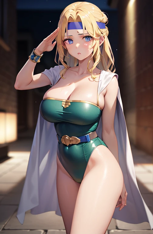 huge breasts, clavicle, shining purple eyes,absurd, brainwashing,empty eyes, ((No expression,erasure of emotions)), avert your eyes , full body figure,((stand up, salute)), (highest quality、4k、8K、High resolution、must have:1.2)、Super detailed、(reality、reality的なです、reality的な:1.37)、ticker、hyper hd、studio lighting、ultra definition paint、sharp focus、Physically based rendering、extreme details、Professional specifications、vibrancy and color、blurry、sports portrait、landscape、horror style、anime big breasts、SF、photograph、concept artist、five fingers, perfect body,  {{{masterpiece}}}, {{{highest quality}}}, {{Super detailed}}, {shape}, {{very delicate and beautiful}},Improved cost performance、all roles、Canon 5D MK4でphotograph、photograph, , Ceres Chereh, Blue headband、green leotard、white cloak、blue belt、Blue bracelet、blue boots, big breasts