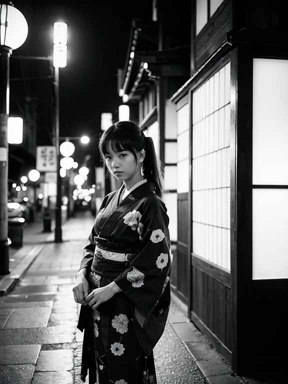 ,female、prostitute、old japanese architecture、、Old Japanese entertainment district、、night、kimono、standing、monochrome