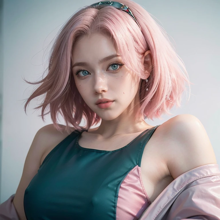 young woman, short shoulder-length pink hair, wide forehead, porcelain skin, pink eyebrows, big emerald green eyes, buttoned nose, full lips, heart-shaped face, slender body, small breasts, red tank top, Sakura Haruno , realistic, realism, details, 3d, well detailed