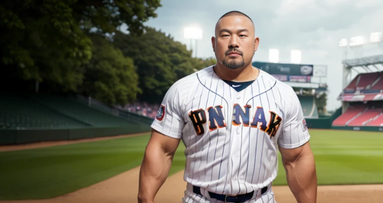 (cap:1.4), (baseball uniform:1.4), (at baseball ground:1.4), Japanese man, Chinese man, Korean man, Taiwanese man, manly face, fat face, (round face:1.4), (monolid eyes:1.2), (buzz cut:1.4), very large and strong body, bulky body, beefy muscles, (bulging muscles:1.4), (very large pectoral muscles:1.4), (muscular arms:1.4), muscular abs, muscular legs, muscular back, brightens oily skin, master piece, (realistic:1.4), panorama, distant view