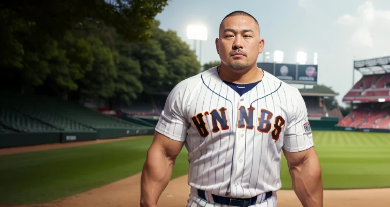 (cap:1.4), (baseball uniform:1.4), (at baseball ground:1.4), Japanese man, Chinese man, Korean man, Taiwanese man, manly face, fat face, (round face:1.4), (monolid eyes:1.2), (buzz cut:1.4), very large and strong body, bulky body, beefy muscles, (bulging muscles:1.4), (very large pectoral muscles:1.4), (muscular arms:1.4), muscular abs, muscular legs, muscular back, brightens oily skin, master piece, (realistic:1.4), panorama, distant view