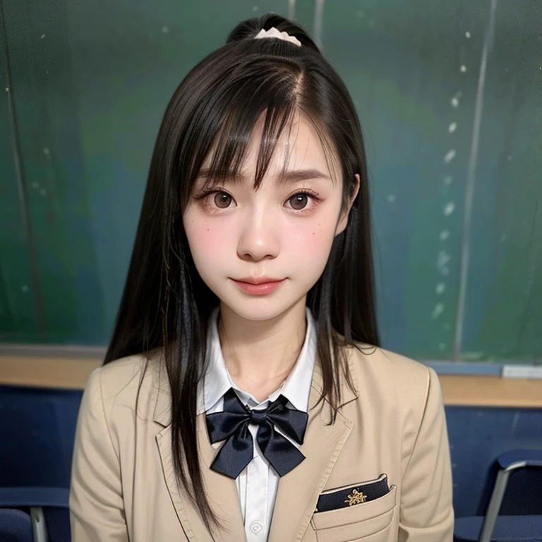 (kawaii 18 year-old Japanese girl, Nogizaka idol, Korean idol), (glossy black hair, high ponytail, bangs:1.3), (extra rounded face, single eyelid, no makeup, soft smiling:1.2), (well shaped whitened teeth:0.7), (wearing Japanese school uniforms, blazer jacket, collared shirt, school bow tie:1.3), well shaped extra small breasts, pleated skirt, (looking at viewer:1.2), BREAK, (simple classroom background:1.3), (dynamic angle, close shot:1.3), BREAK, (masterpiece, best quality, photo realistic, official art:1.4), (UHD, 8K quality wallpaper, high resolution, raw photo, film grain:1.2), (shiny skin), professional lighting, physically based rendering, award winning, (perfect anatomy, highly detailed skin, extremely detailed face and eyes, well drawn glittering pupils), Carl Zeiss 85 mm F/1.4, depth of field, 1girl, solo,
